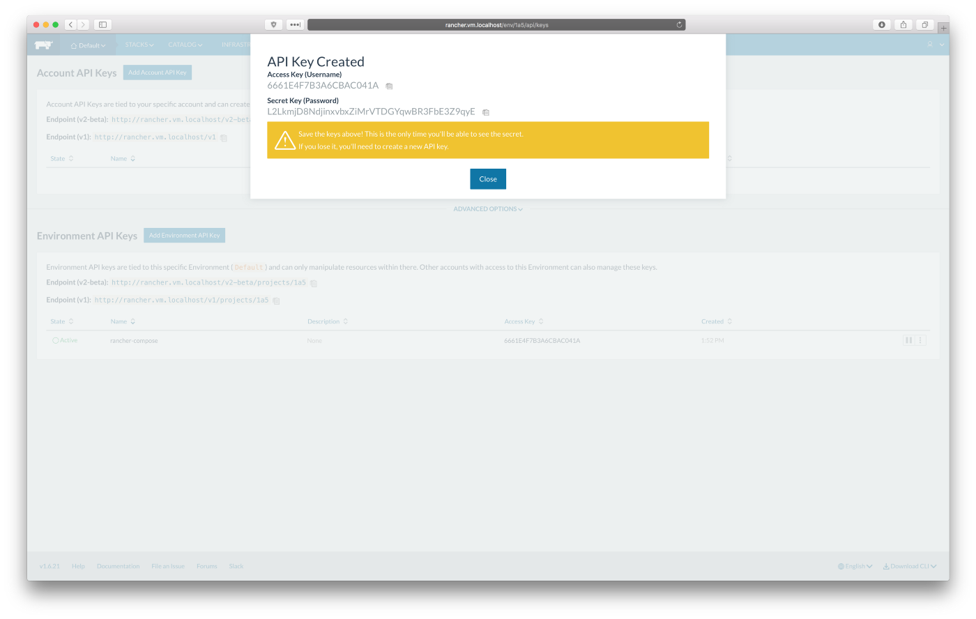 Rancher UI, Adding Environment API Key
