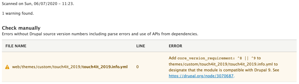 Status upgrade warning for custom theme