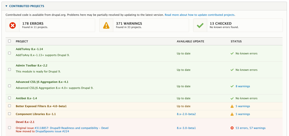 status upgrade in drupal admin UI
